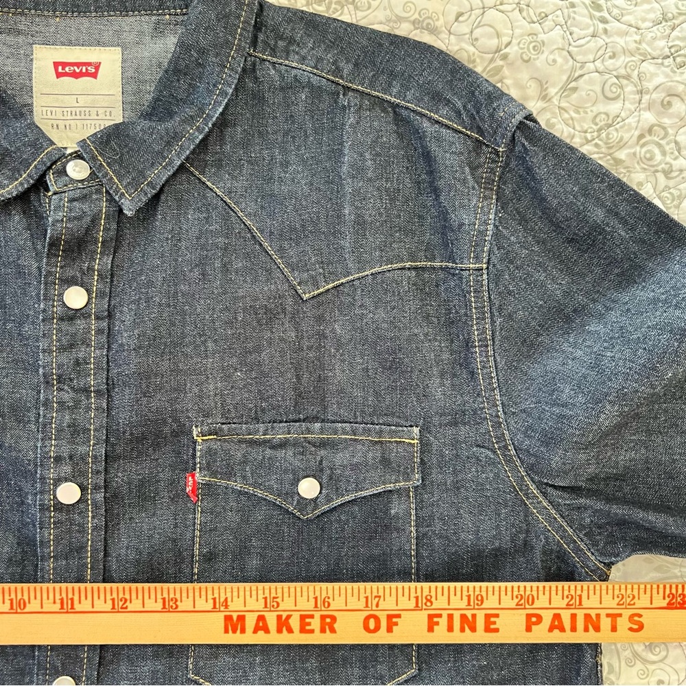 Levi's Classic Barstow Western Dark Blue Pearl Snap Denim Shirt Cowboy Size L - Picture 4 of 7